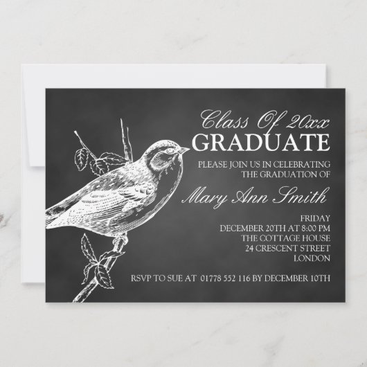Invitation Fête de graduation des oiseaux en tableau noir (Devant)