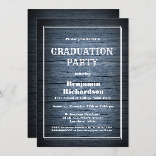 Invitation Fête de graduation en bois de la grange bleu rusti (Devant / Derrière)
