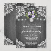 Invitation Fête de graduation en floral gris argenté violet (Devant / Derrière)