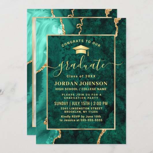 Invitation Fête de graduation en marbre vert émérite d'or mod (Devant / Derrière)
