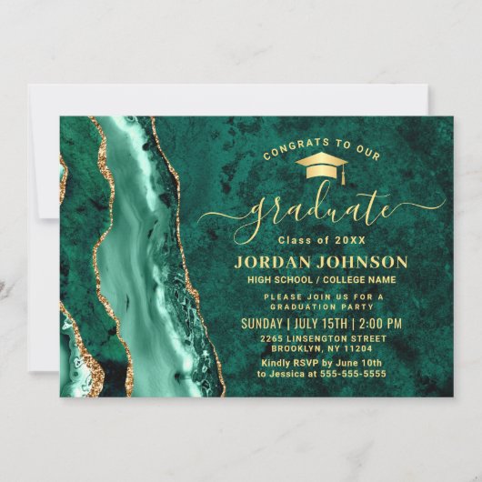 Invitation Fête de graduation en marbre vert émérite d'or mod (Devant)