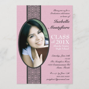 Invitation Fête de graduation en noir rose rayé classique