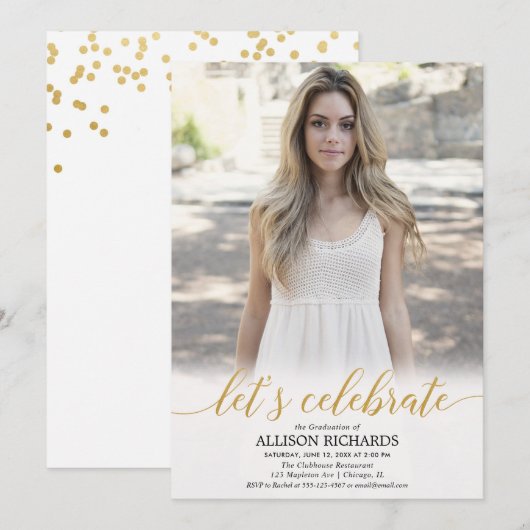 Invitation Fête de graduation en or blanc, fêtons ça (Devant / Derrière)