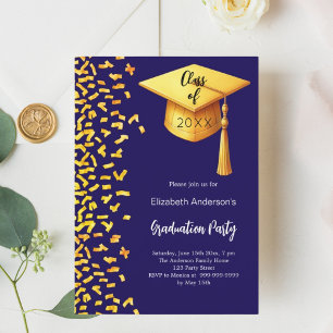Invitation Fête de graduation en or bleu foncé confetti
