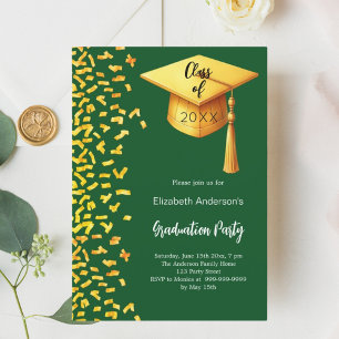 Invitation Fête de graduation en or vert confetti