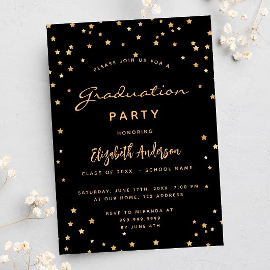 Invitation Fête de graduation étoiles d'or noir