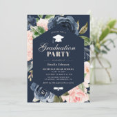 Invitation fête de graduation florale bleu et rose marine (Debout devant)
