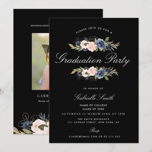 Invitation Fête de graduation florale bleue et blush de la Ma (Devant / Derrière)