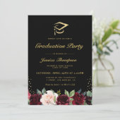 Invitation Fête de graduation florale bordeaux noir et or (Debout devant)