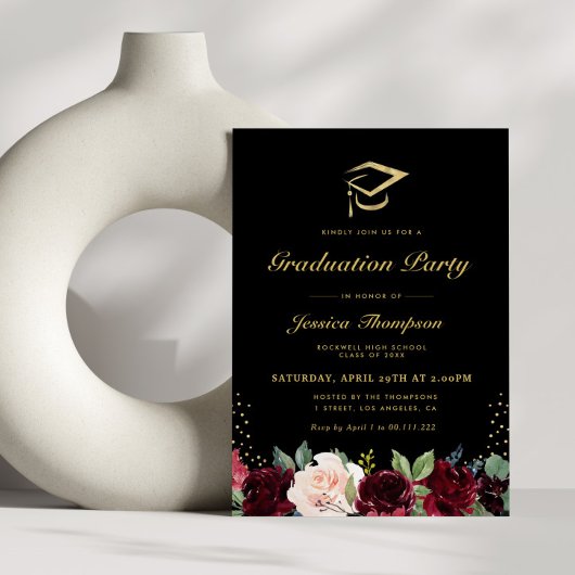 Invitation Fête de graduation florale bordeaux noir et or