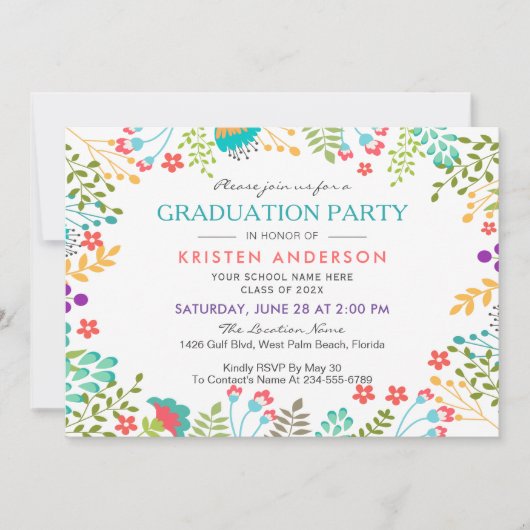 Invitation Fête de graduation Florale Chic Moderne (Devant)