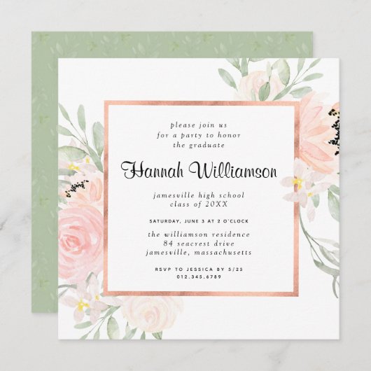 Invitation Fête de graduation Florale Rose Rose (Devant / Derrière)