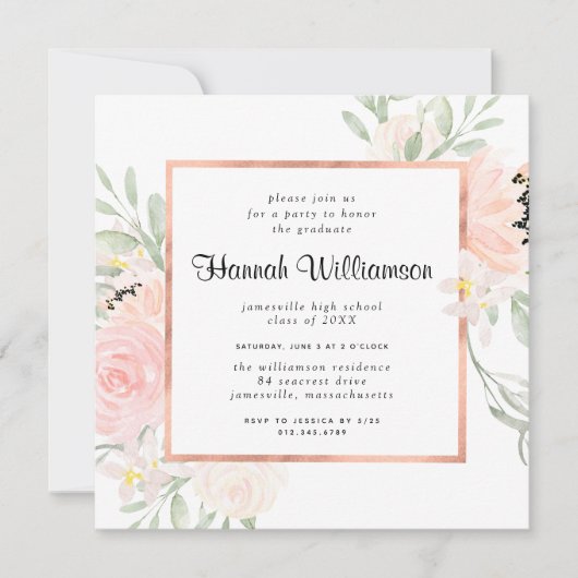 Invitation Fête de graduation Florale Rose Rose (Devant)