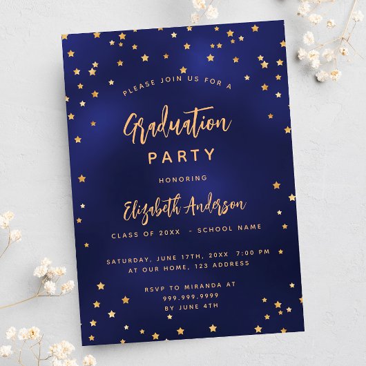 Invitation Fête de graduation marine bleu or étoiles luxe