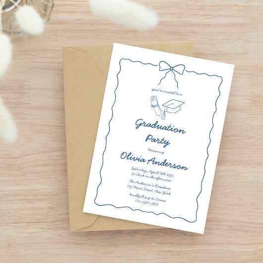 Invitation Fête de Graduation moderne Bleue Tirée À La Main