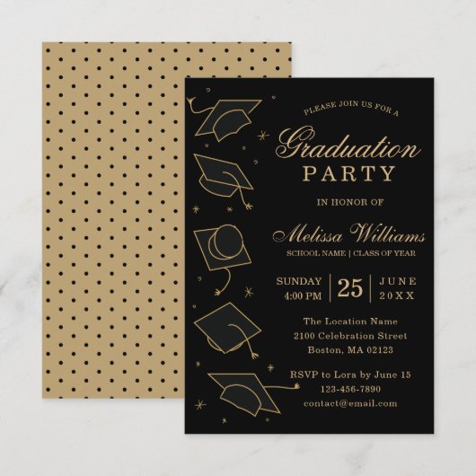 Invitation Fête de graduation moderne Elegant Noir et Or (Devant / Derrière)