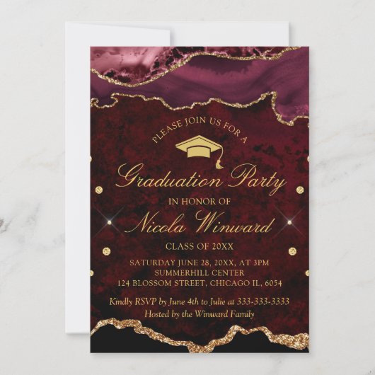 Invitation Fête de graduation moderne en marbre rouge  (Devant)