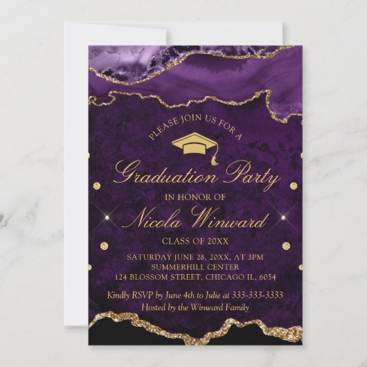 Invitation Fête de graduation moderne en marbre violet (Devant)