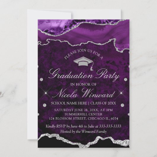 Invitation Fête de graduation moderne en marbre violet (Devant)