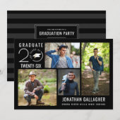 Invitation Fête de graduation moderne Noir 4 photo Collage (Devant / Derrière)