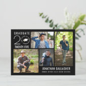 Invitation Fête de graduation moderne Noir 4 photo Collage (Debout devant)