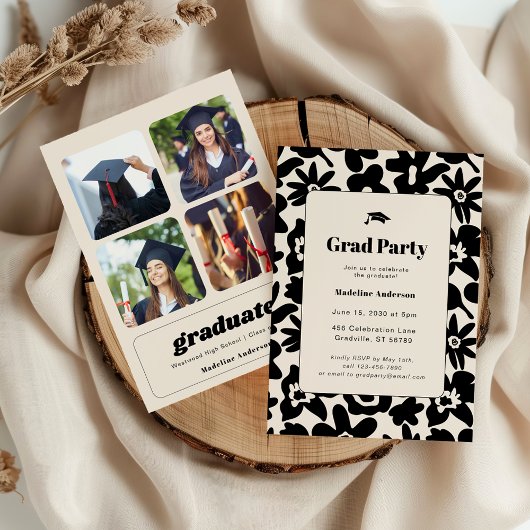 Invitation Fête de graduation moderne Retro Black Floral