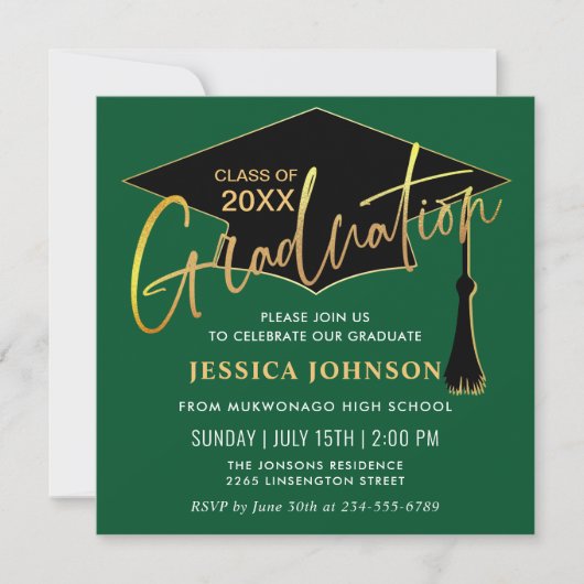 Invitation Fête de graduation moderne simple dorée verte (Devant)