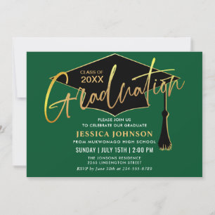 Invitation Fête de graduation moderne simple dorée verte