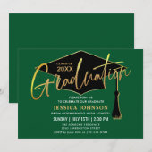 Invitation Fête de graduation moderne simple dorée verte (Devant / Derrière)