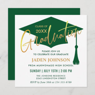Invitation Fête de graduation moderne simple dorée verte