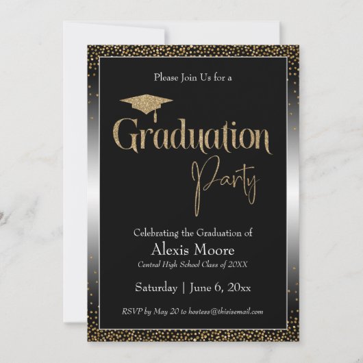 Invitation Fête de Graduation Noir & Blanc Ombre Or Confetti (Devant)