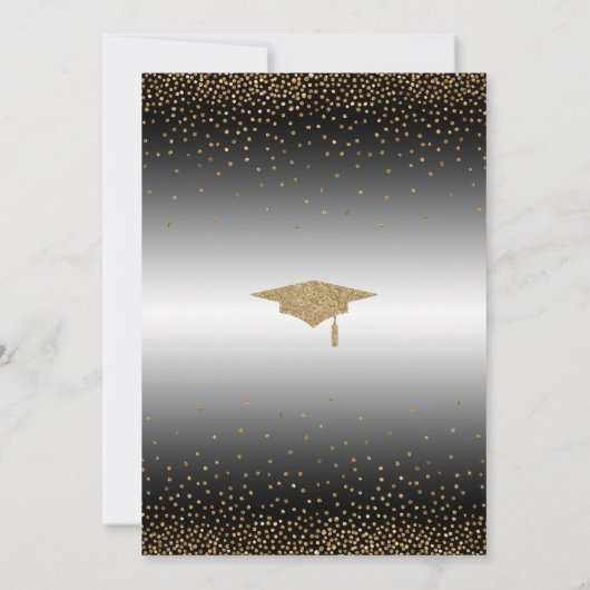Invitation Fête de Graduation Noir & Blanc Ombre Or Confetti (Dos)