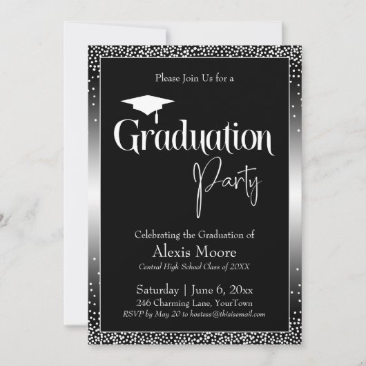 Invitation Fête de Graduation Noir et Blanc Ombre Confetti (Devant)