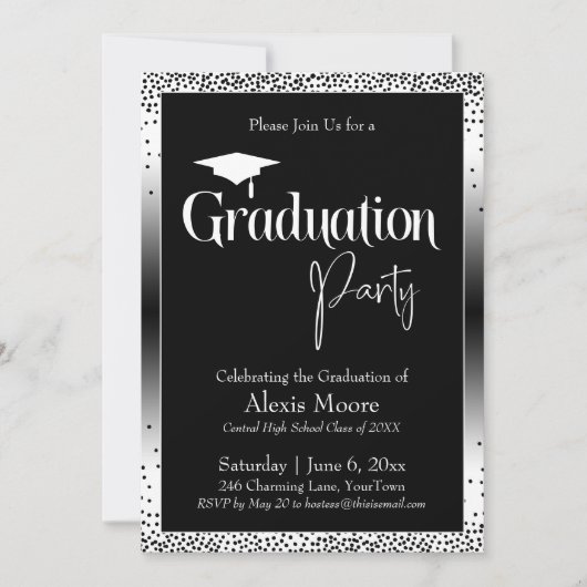 Invitation Fête de Graduation Noir et Blanc Ombre Confetti (Devant)