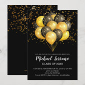 Invitation Fête de Graduation Noir et Or Ballons Confetti (Devant / Derrière)