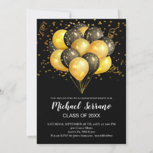 Invitation Fête de Graduation Noir et Or Ballons Confetti