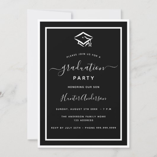 Invitation Fête de graduation noire blanche (Devant)