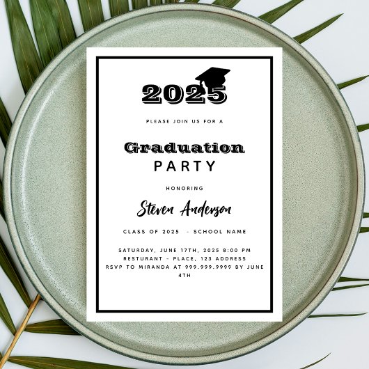 Invitation Fête de graduation noire blanche 2025