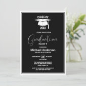 Invitation Fête de graduation noire et blanche moderne (Debout devant)