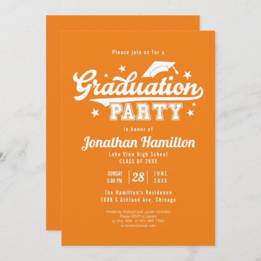 Invitation Fête de Graduation Orange du Lycée (Devant / Derrière)