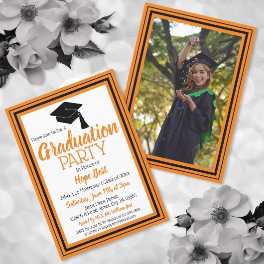 Invitation Fête de graduation Orange et Black Photo