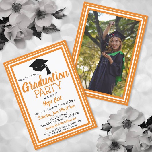 Invitation Fête de graduation Orange et White Photo