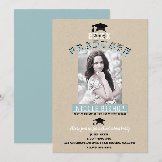 Invitation Fête de graduation photo bleu Kraft minimal modern (Devant / Derrière)