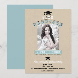 Invitation Fête de graduation photo bleu Kraft minimal modern