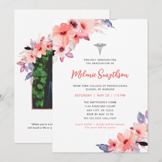 Invitation Fête de graduation photo de l'infirmière florale b (Devant / Derrière)