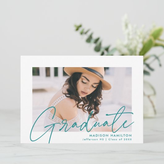 Invitation Fête de graduation photo de script Turquoise moder (Debout devant)