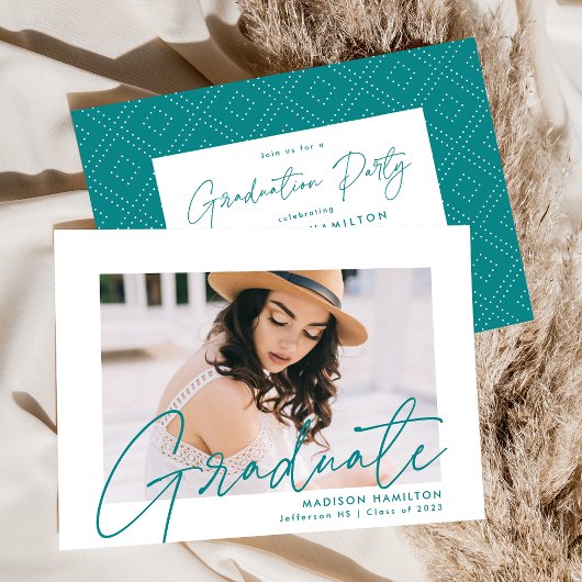 Invitation Fête de graduation photo de script Turquoise moder