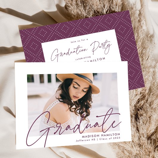 Invitation Fête de graduation photo de script violet moderne