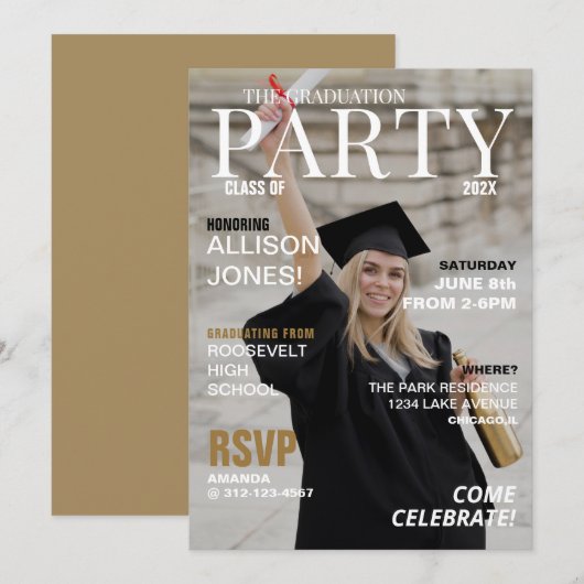 Invitation Fête de graduation Photo du magazine moderne (Devant / Derrière)