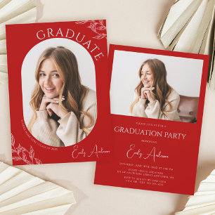 Invitation Fête de graduation photo Modern Leaf Red 2